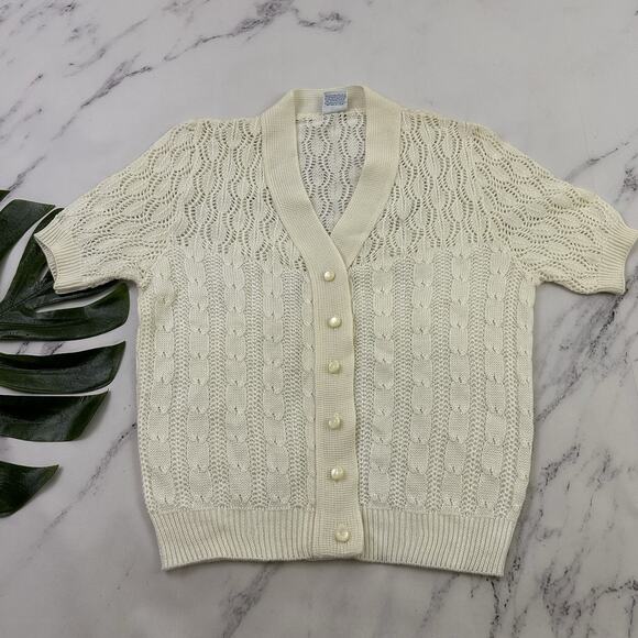 Suisse Knits Sweaters - Suisse Knits Womens Vintage 80s Cardigan Sweater Size L White Cable Cottage